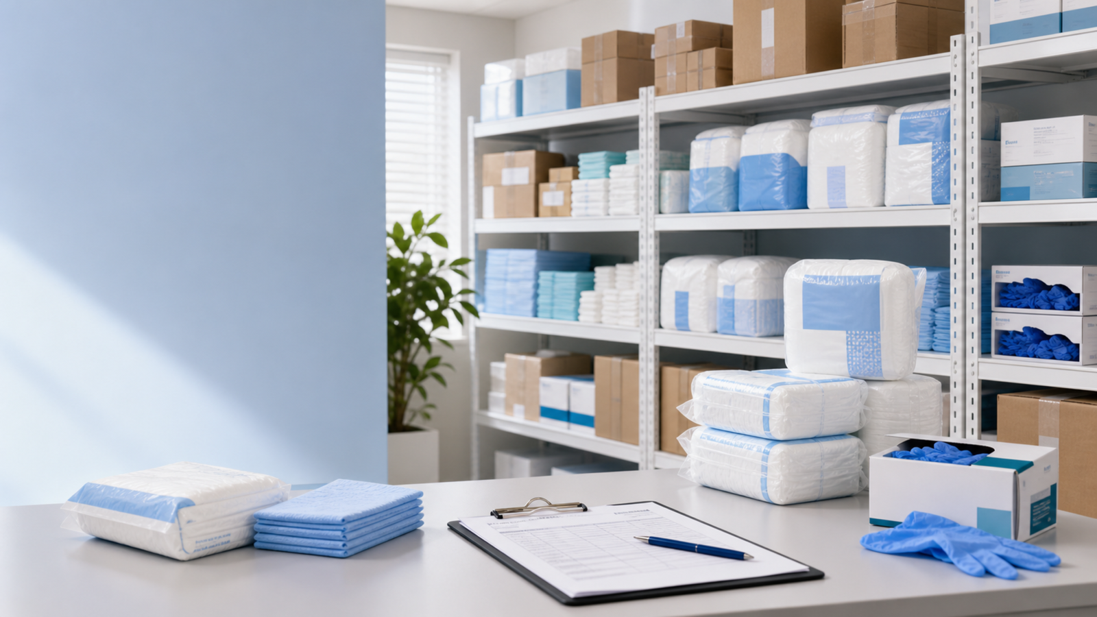 Care-supply storeroom with neatly stocked shelves of incontinence products, gloves and an order clipboard